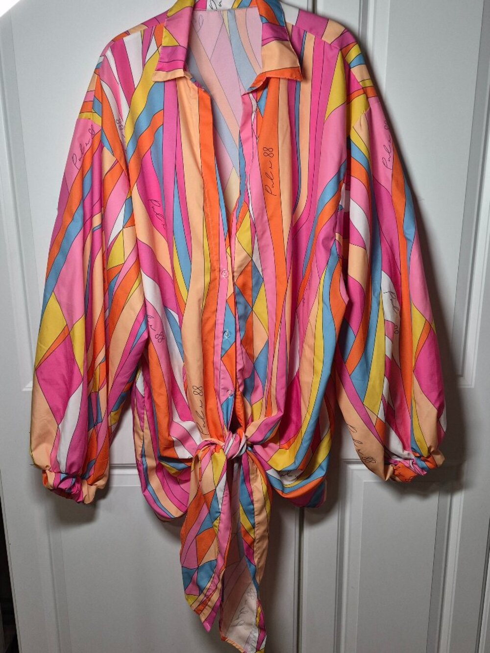 BamGleam Pucci Style Retro Abstract Long Balloon Sleeve Tie Hem Shirt SZ 5X